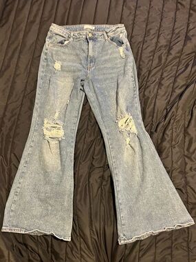 High-Rise Light Blue Distressed Wide Leg Flare Jeans for Women